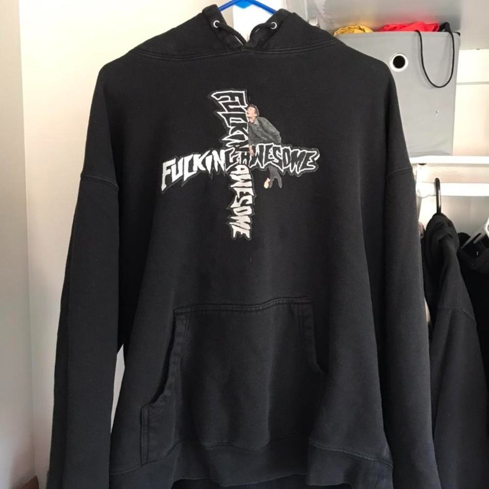 Fucking awesome hoodie size Xl X large Black hoodie color Has some stains Logo #